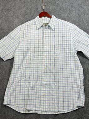 Eddie Bauer Shirt Mens Large Plaid Blue Cotton Nylon Short Sleeve Pocket